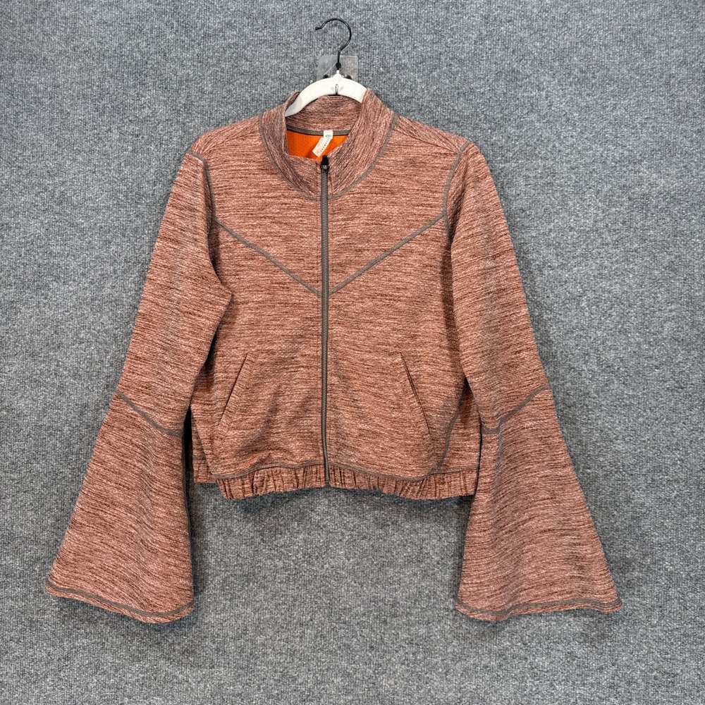 Free People Movement Sweatshirt Womens Large Orange Bell Sleeve Cropped Zip Up